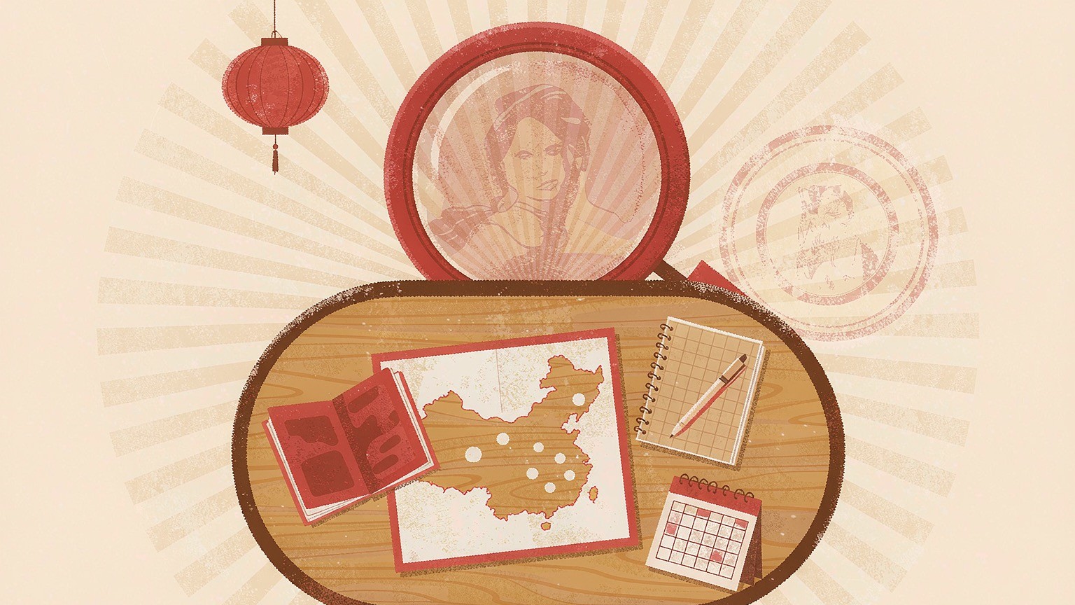 A traveller's desk with a passport, a paper map of China, a notebook and a calendar with dates circled