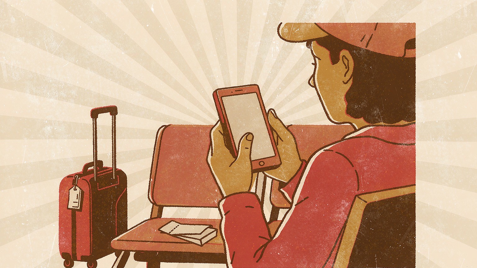 A traveller's hands holding a phone while filling in an arrival form at an airport gate, suitcase beside the seat