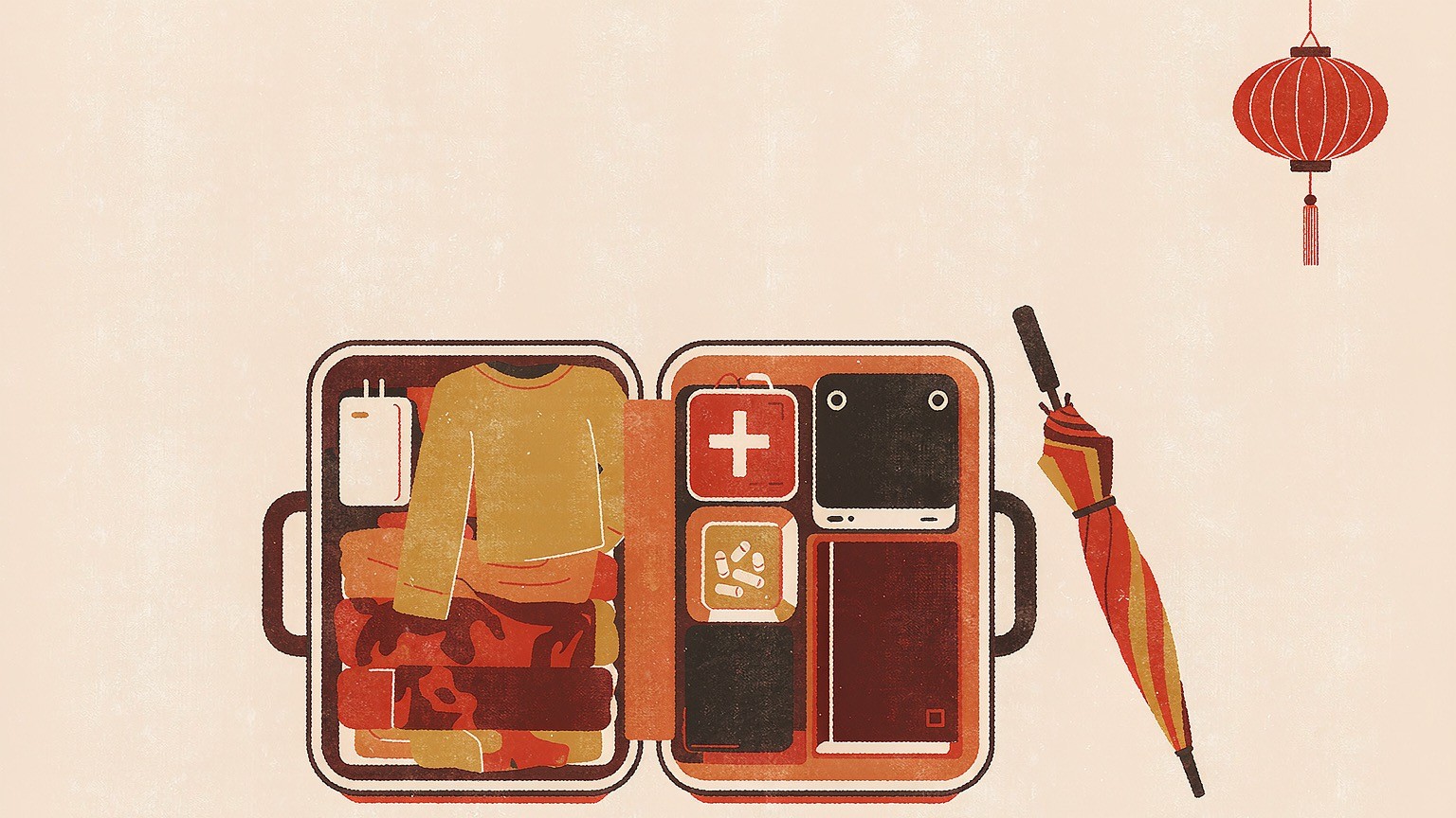 A suitcase being packed with folded clothes, a plug adapter, a power bank, a small medicine pouch and a notebook