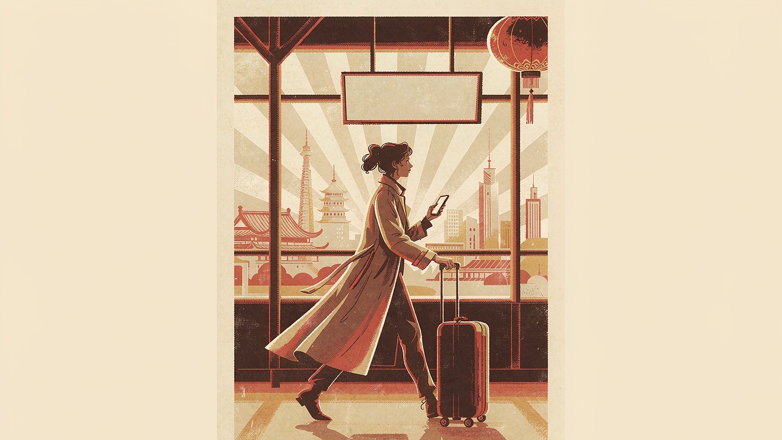 An airport arrivals hall with a traveller pulling a suitcase, looking at a phone under a large signboard