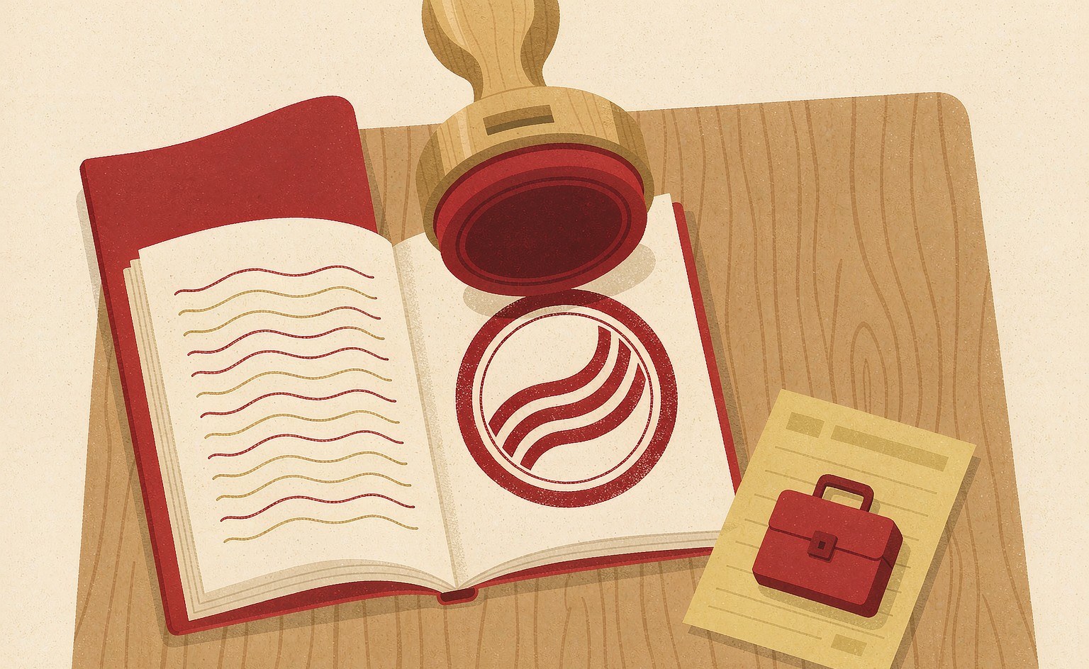 An open passport with a round red stamp, a calendar page and a small suitcase charm on a wooden desk