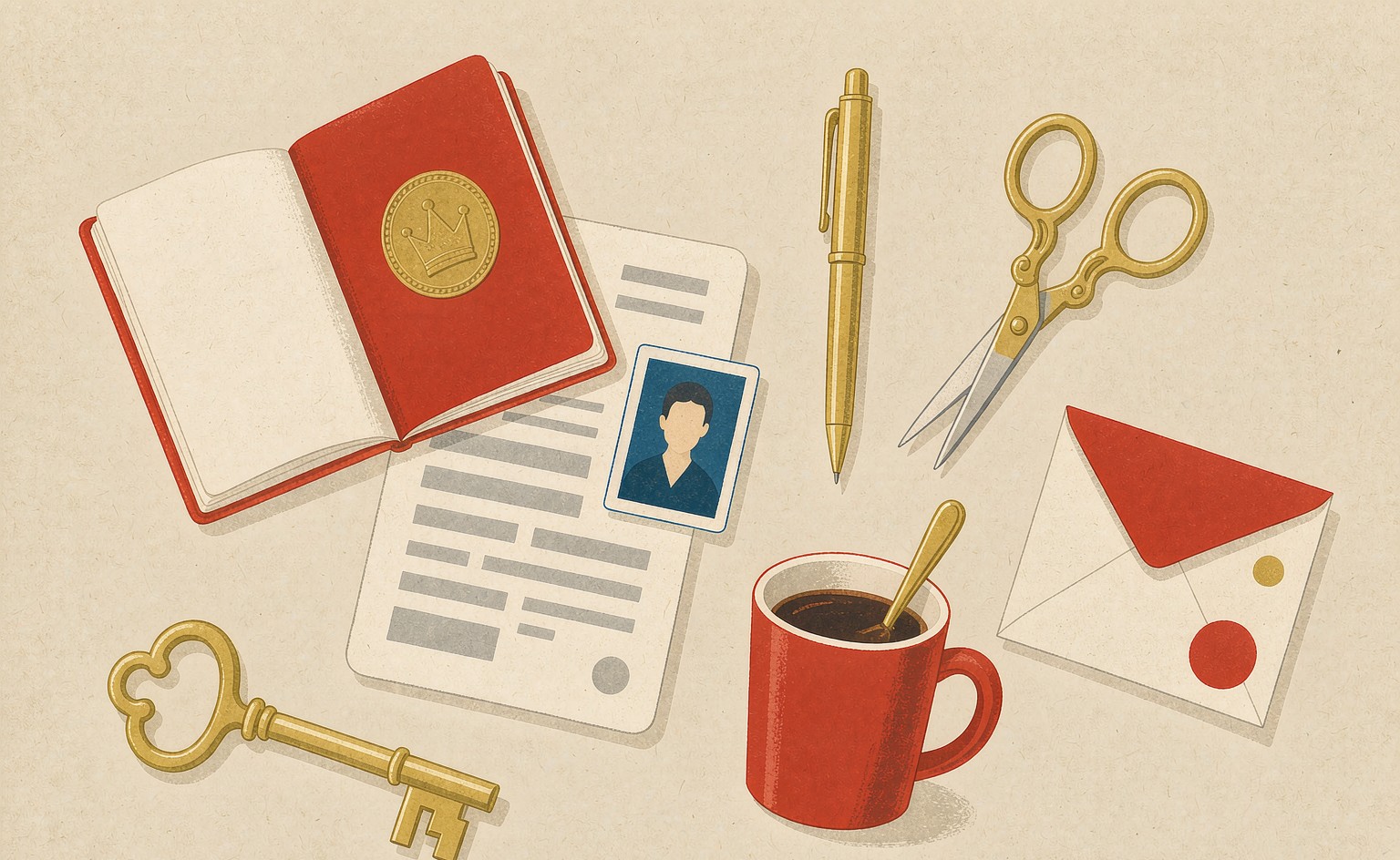 A passport, application form, passport photo, pen and envelope laid out on a desk for a visa application