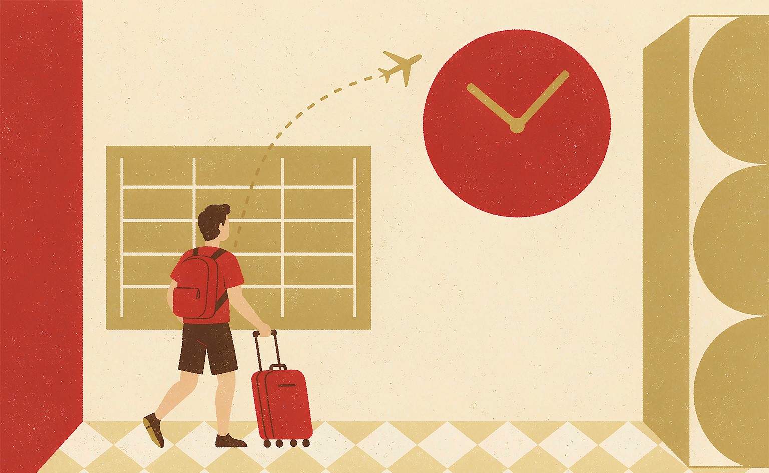 A traveler with a rolling suitcase and a departure board in an airport hall under a large red clock