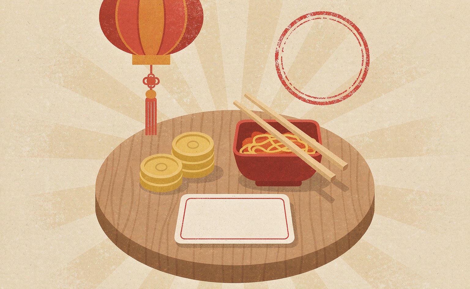 A bowl of noodles, a stack of coins and a blank receipt on a round wooden table