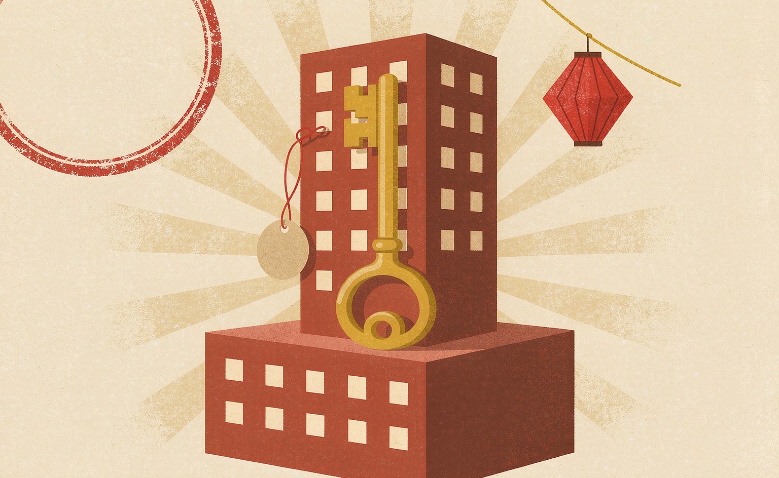 An oversized key leaning against a brick-red apartment building with a blank price tag