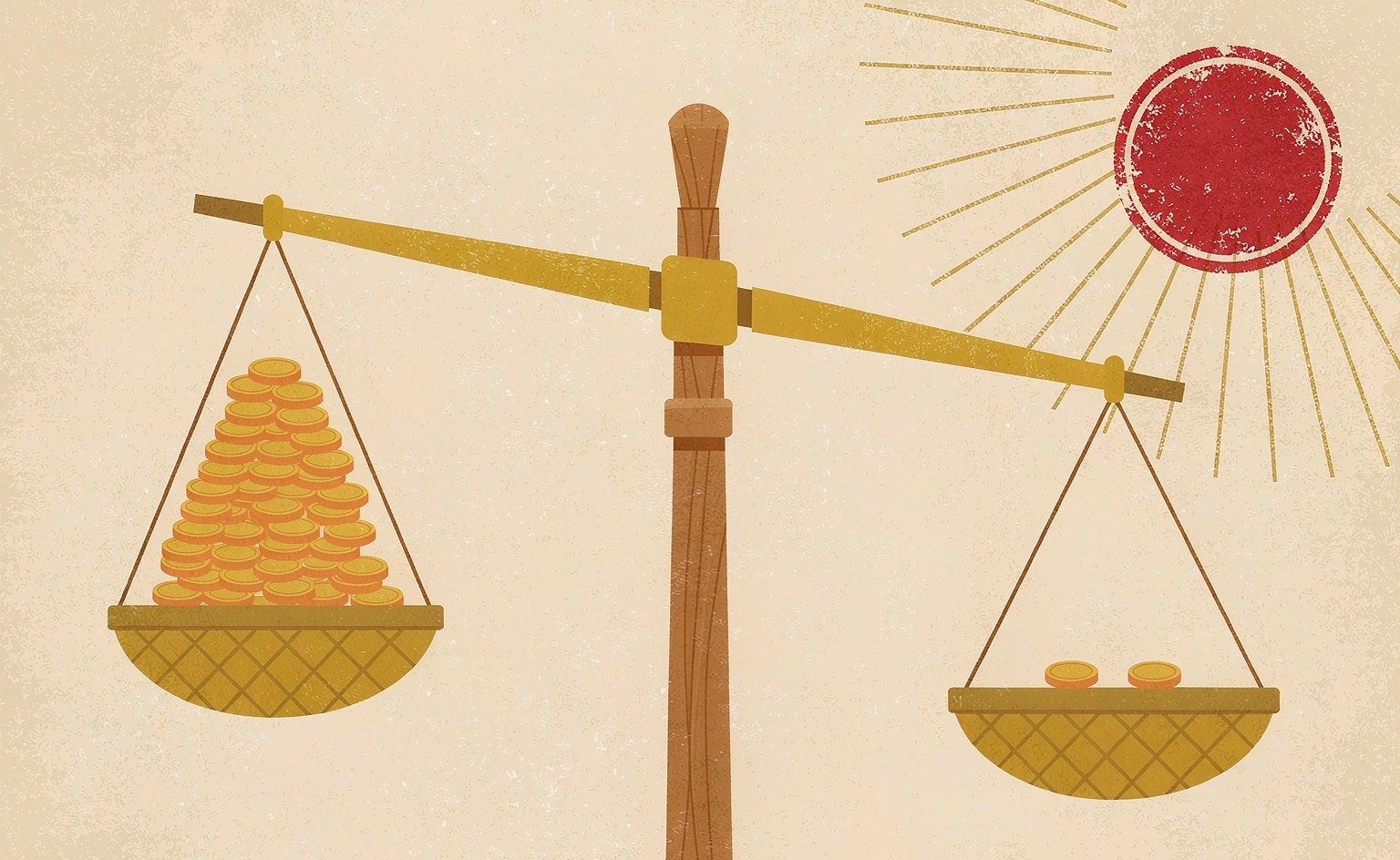 A balance scale with a heavy basket of coins on one side and two coins on the other
