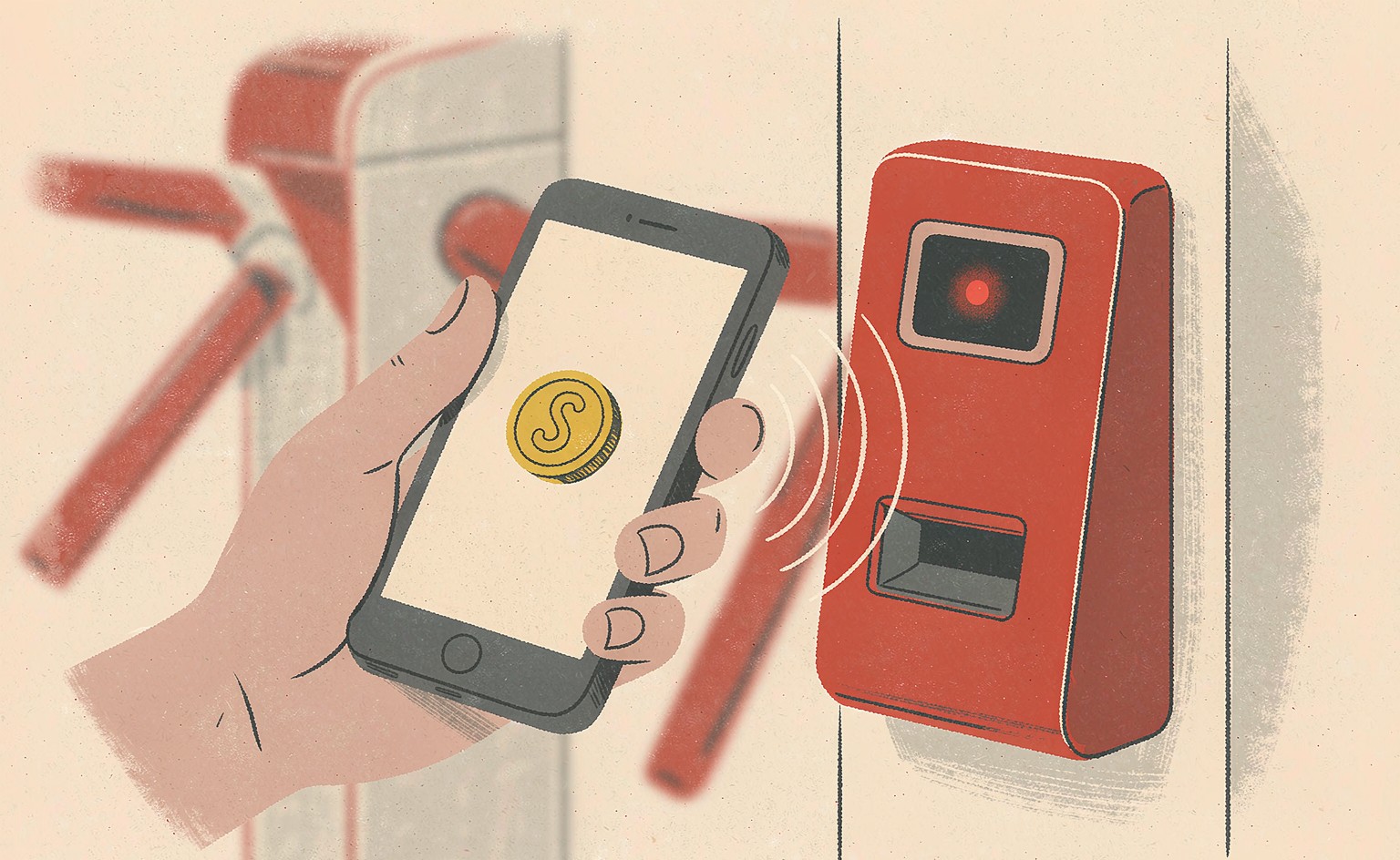 Tapping a phone to pay offline at a metro gate with the digital yuan