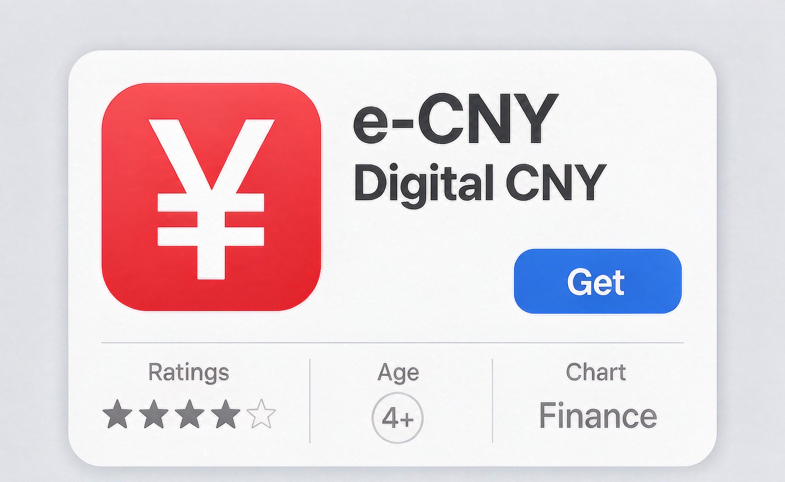 App store card for the official e-CNY app: red rounded icon with a white yuan symbol, title e-CNY, subtitle Digital CNY, Get button, ratings, age 4+, Finance chart